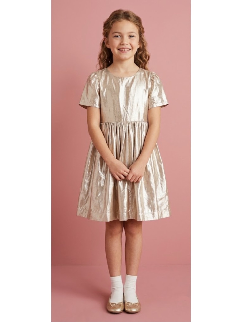 Mini Boden Girls Metallic Gold Short-Sleeve Party Dress